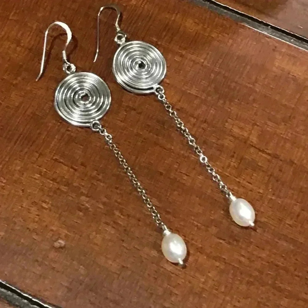 Coiled Pearl Earrings,Shoulder duster Earrings,White Pearl Earrings,Long Earring - Picture 4 of 4